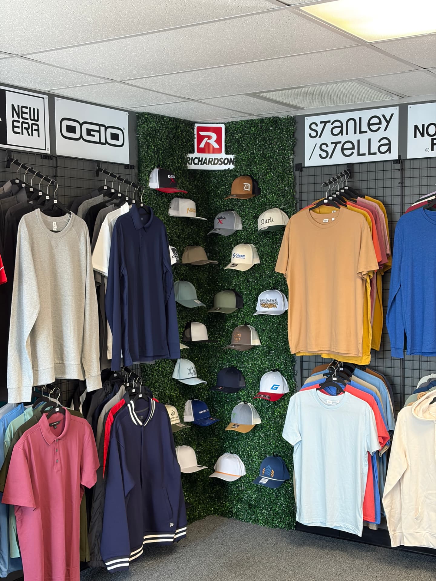 Custom hat display wall in the Dava X showroom